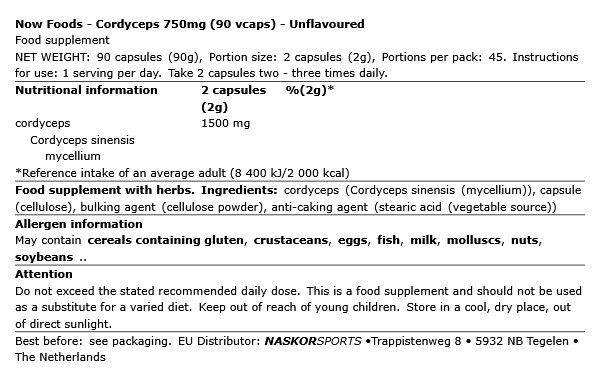Cordyceps gyógygomba 750 mg, Now Cordyceps, 90 kapszula Cordyceps gyógygomba 750 mg, Now Cordyceps, 90 kapszula