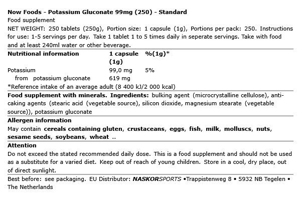 Kálium-glükonát 99 mg, Now Potassium Gluconate, 250 tabletta