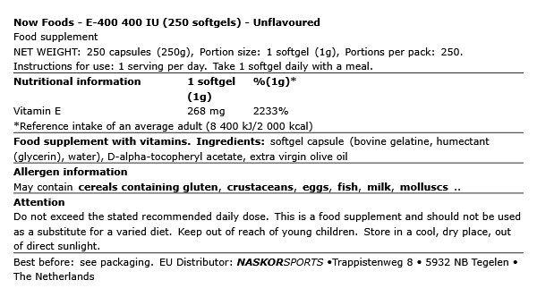 E-vitamin 400 IU, Now E-400, 250 lágykapszula