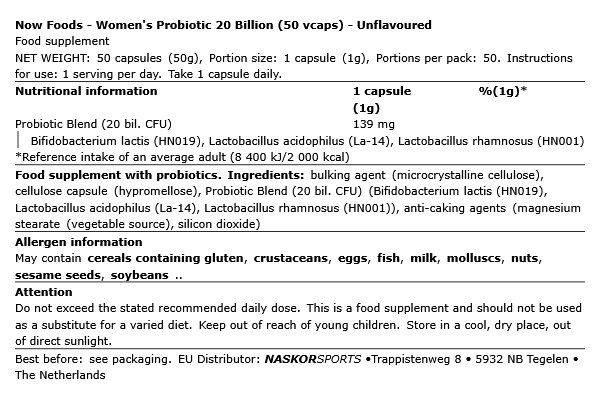 Női probiotikum 20 milliárd CFU, Now Women's Probiotic, 50 kapszula Női probiotikum 20 milliárd CFU, Now Women's Probiotic, 50 kapszula
