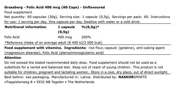 Folsav 400 mcg, Grassberg Folic Acid, 60 kapszula Folsav 400 mcg, Grassberg Folic Acid, 60 kapszula