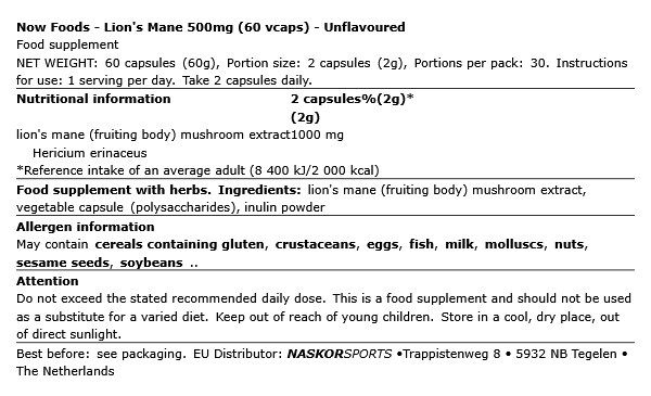 Süngomba (Lion's Mane) 500 mg, Now Lion's Mane, 60 kapszula Süngomba (Lion's Mane) 500 mg, Now Lion's Mane, 60 kapszula
