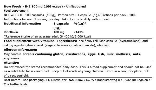 B-2 vitamin (riboflavin) 100 mg, Now B-2, 100 kapszula