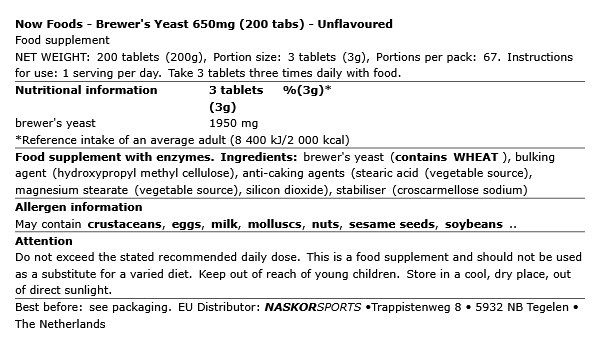 Sörélesztő 650 mg, Now Brewer's Yeast, 200 tabletta Sörélesztő 650 mg, Now Brewer's Yeast, 200 tabletta