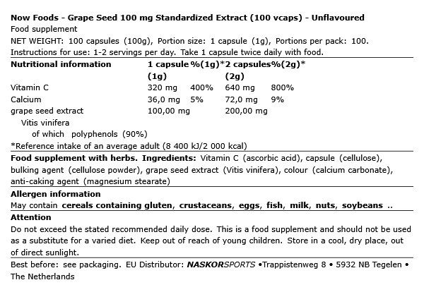 Szőlőmag kivonat 100 mg, Now Grape Seed, 100 kapszula