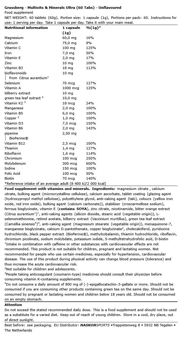 Multivitamin és ásványi anyag ultra, Grassberg Multivits & Minerals Ultra, 60 tabletta