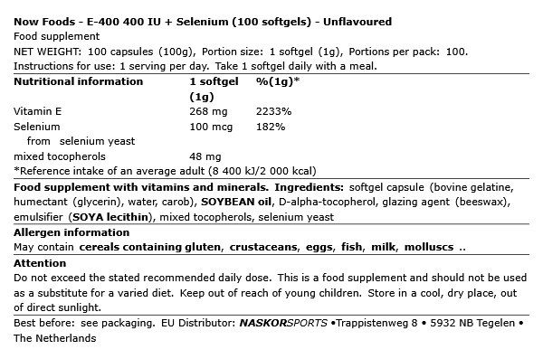 E-vitamin 400 IU szelénnel, Now E-400 with Selenium, 100 lágykapszula