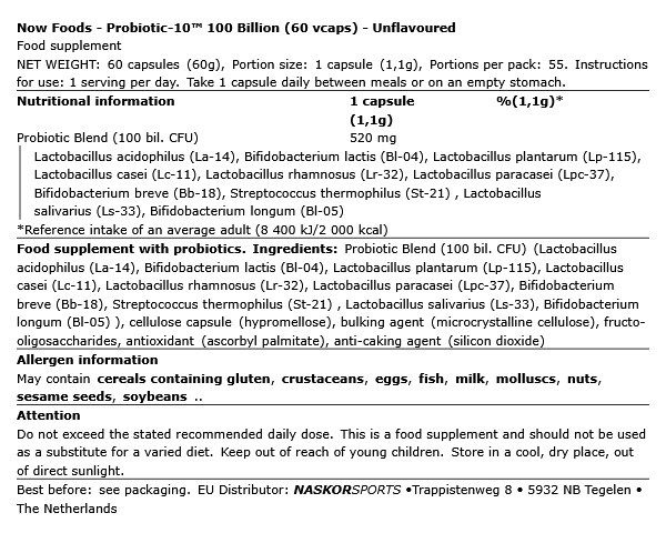 Probiotikum mega dózisú 100 milliárd CFU, Now Probiotic-10 100 Billion, 60 kapszula