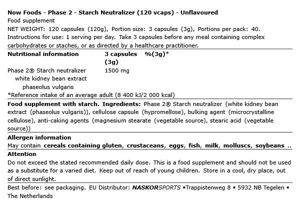 Keményítő semlegesítő, Now Phase 2 Starch Neutralizer, 120 kapszula