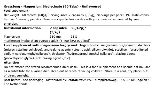 Magnézium-biszglicinát, Grassberg Magnesium Bisglycinate, 60 tabletta