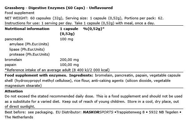 Emésztőenzim komplex, Grassberg Digestive Enzymes, 60 kapszula Emésztőenzim komplex, Grassberg Digestive Enzymes, 60 kapszula
