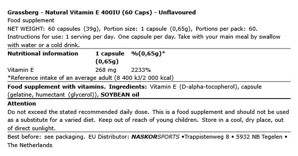 Természetes E-vitamin 400 IU, Grassberg Natural Vitamin E, 60 kapszula Természetes E-vitamin 400 IU, Grassberg Natural Vitamin E, 60 kapszula