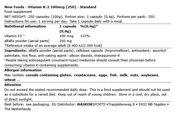 K2-vitamin 100 mcg, Now Vitamin K-2, 250 kapszula K2-vitamin 100 mcg, Now Vitamin K-2, 250 kapszula