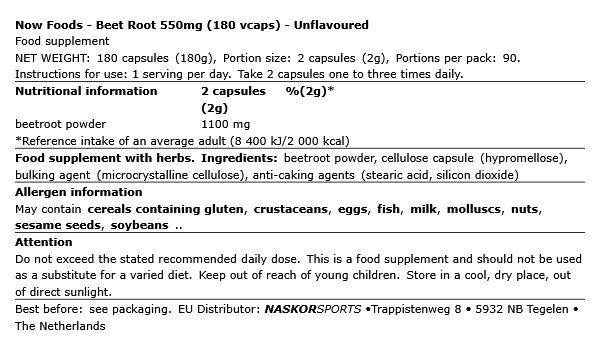 Céklagyökér 550 mg, Now Beet Root, 180 kapszula