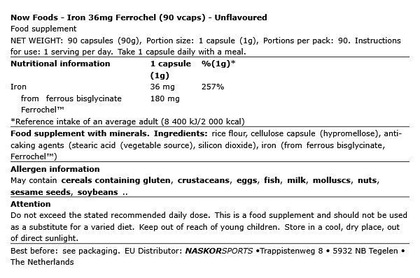 Vas 36 mg Ferrochel, Now Iron, 90 kapszula Vas 36 mg Ferrochel, Now Iron, 90 kapszula