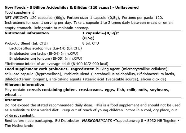 8 milliárd acidofilusz és bifidusz, Now 8 Billion Acidophilus & Bifidus, 120 kapszula 8 milliárd acidofilusz és bifidusz, Now 8 Billion Acidophilus & Bifidus, 120 kapszula