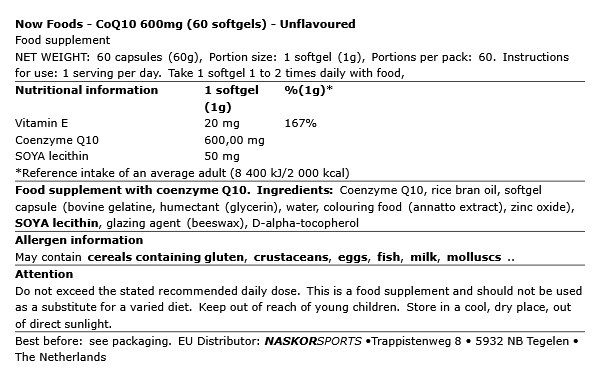 Q10 koenzim 600 mg, Now CoQ10, 60 lágykapszula Q10 koenzim 600 mg, Now CoQ10, 60 lágykapszula