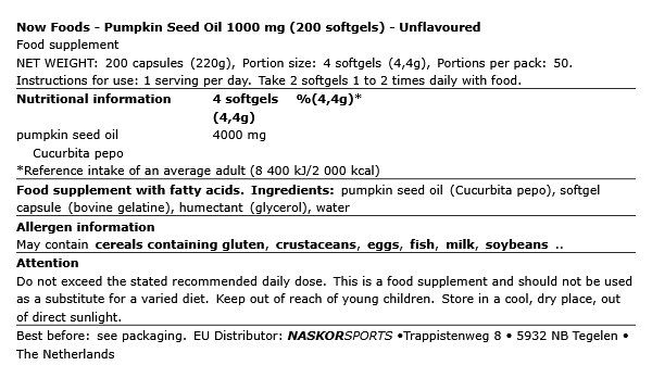 Hidegen sajtolt tökmagolaj 1000 mg, Now Pumpkin Seed Oil, 200 lágykapszula