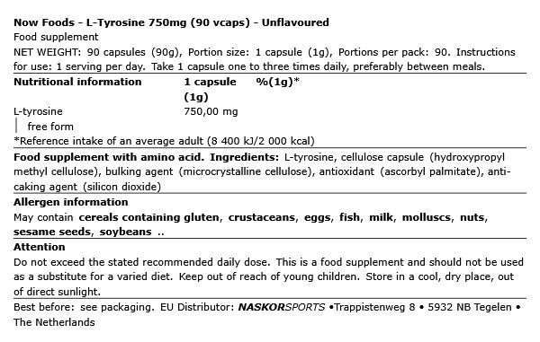 L-tirozin 750 mg, Now L-Tyrosine, 90 kapszula L-tirozin 750 mg, Now L-Tyrosine, 90 kapszula