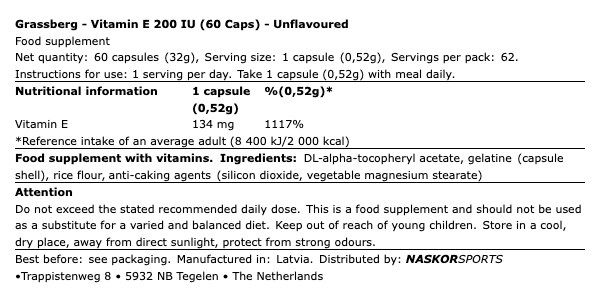 E-vitamin 200 IU, Grassberg Vitamin E, 60 kapszula E-vitamin 200 IU, Grassberg Vitamin E, 60 kapszula