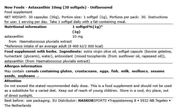 Asztaxantin 10 mg, Now Astaxanthin, 30 lágykapszula