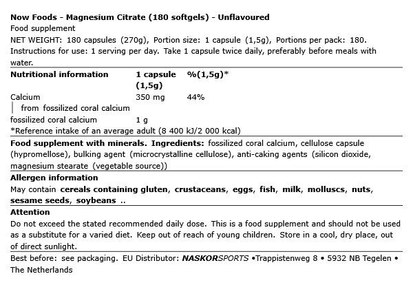 Magnézium-citrát, Now Magnesium Citrate, 180 lágykapszula Magnézium-citrát, Now Magnesium Citrate, 180 lágykapszula