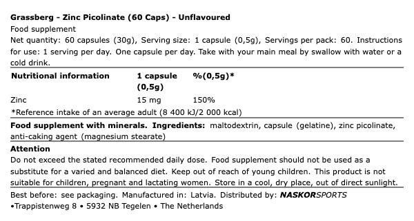 Cink pikolinát, Grassberg Zinc Picolinate, 60 kapszula Cink pikolinát, Grassberg Zinc Picolinate, 60 kapszula