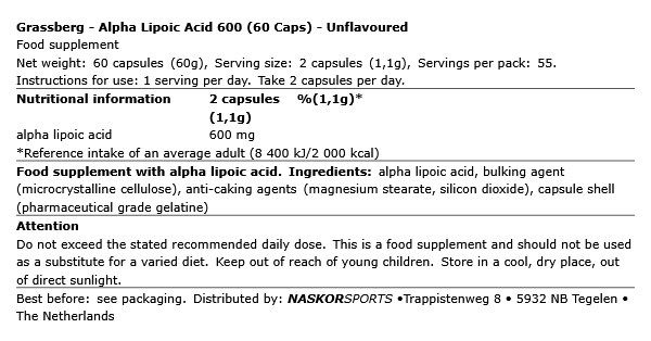 Alfa-liponsav 600 mg, Grassberg Alpha Lipoic Acid 600, 60 kapszula
