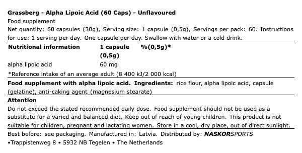 Alfa-liponsav, Grassberg Alpha Lipoic Acid, 60 kapszula