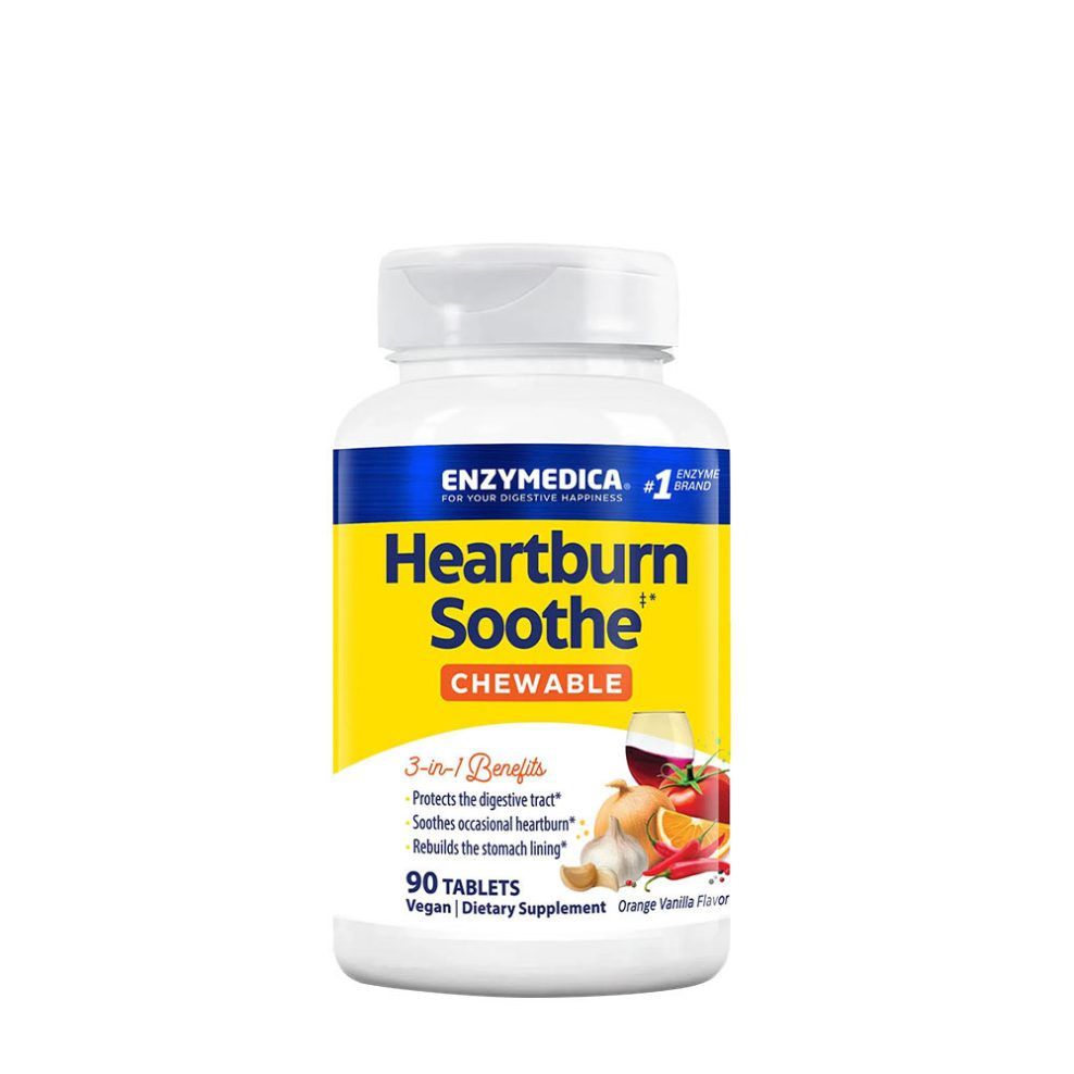Gyomorégést enyhítő rágótabletta, Enzymedica Heartburn Soothe Chewable, 90 rágótabletta, narancs-vanília íz