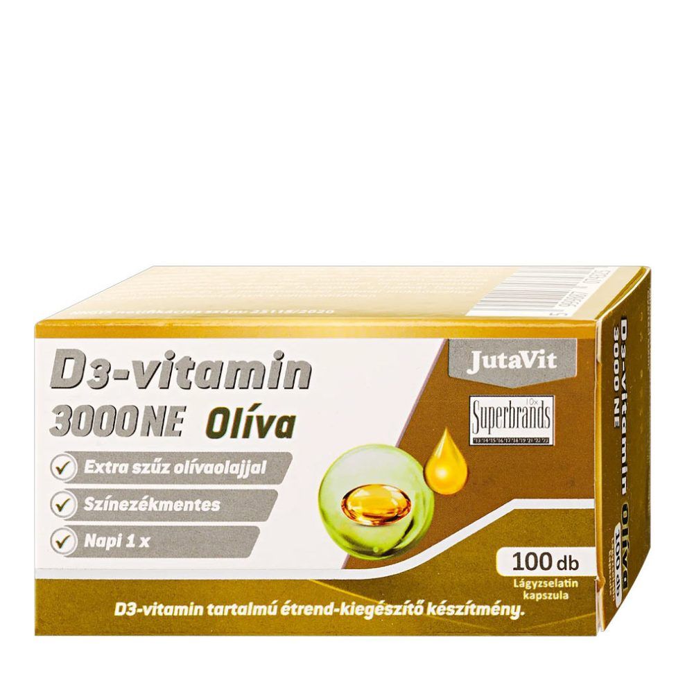D3-vitamin 3000 NE olívaolajjal, JutaVit Vitamin D3 3000 IU (Olive), 100 lágykapszula