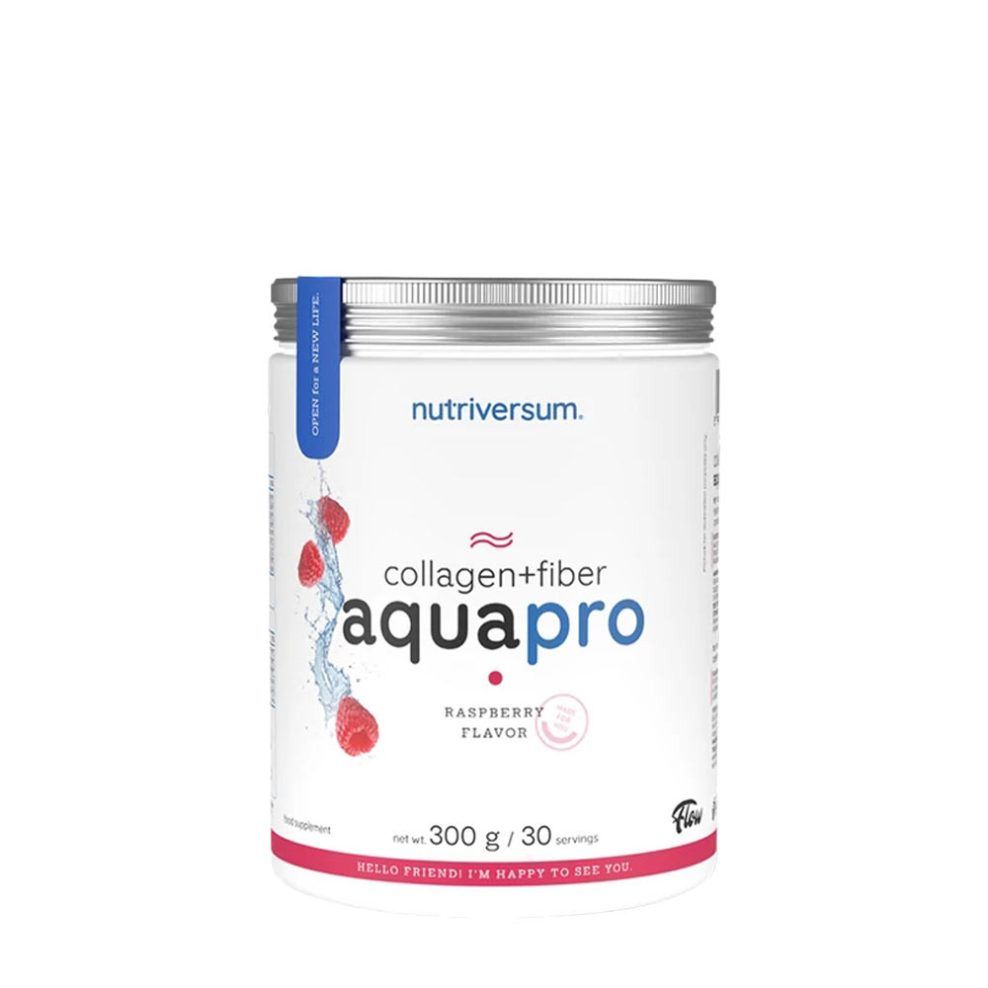 Kollagén- és rostpor, Nutriversum Aquapro Collagen + Fiber, 300 g, málna íz
