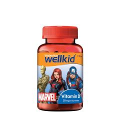 Gyermek D-vitamin gumivitamin, Vitabiotics Wellkid Marvel Vitamin D Gummies, 50 gumicukor, eper íz