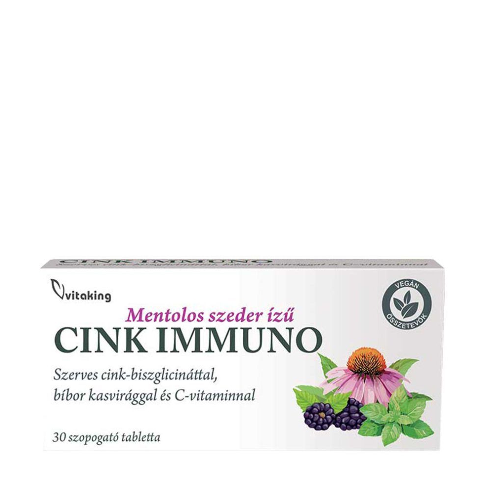 Cink szopogatótabletta, Vitaking Zinc Immuno, 30 szopogató tabletta, szeder mentollal íz
