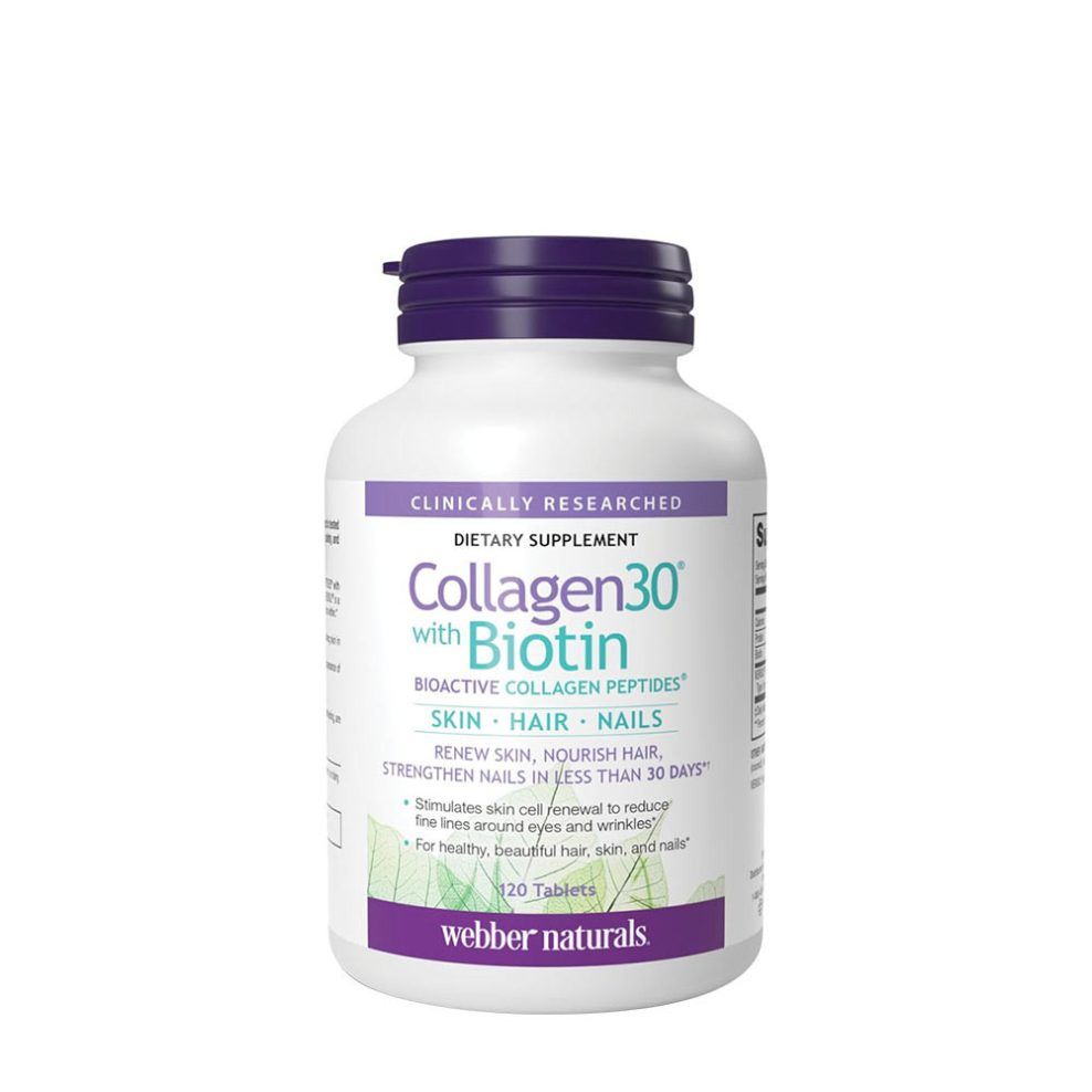 Kollagén peptidek biotinnal, Webber Naturals Collagen30® with Biotin Bioactive Collagen Peptides™, 120 tabletta